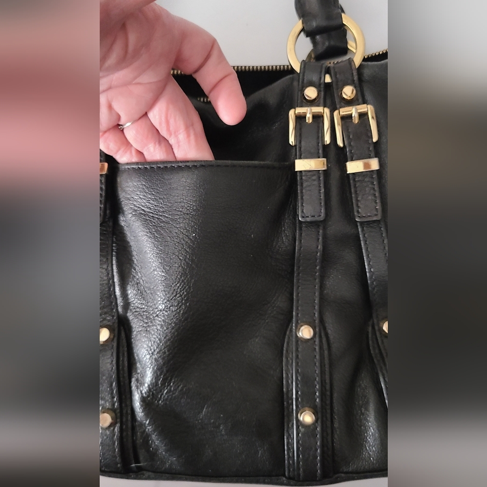 Michael Kors Black Leather Pebbled Purse Gold Hardware Studded Buckles Euc Clean - Picture 16 of 16